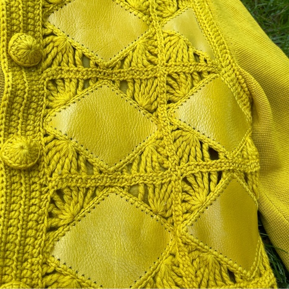 1960s Vintage Sammy Wong wool crochet leather patchwork cardigan sweater jacket - Picture 3 of 15